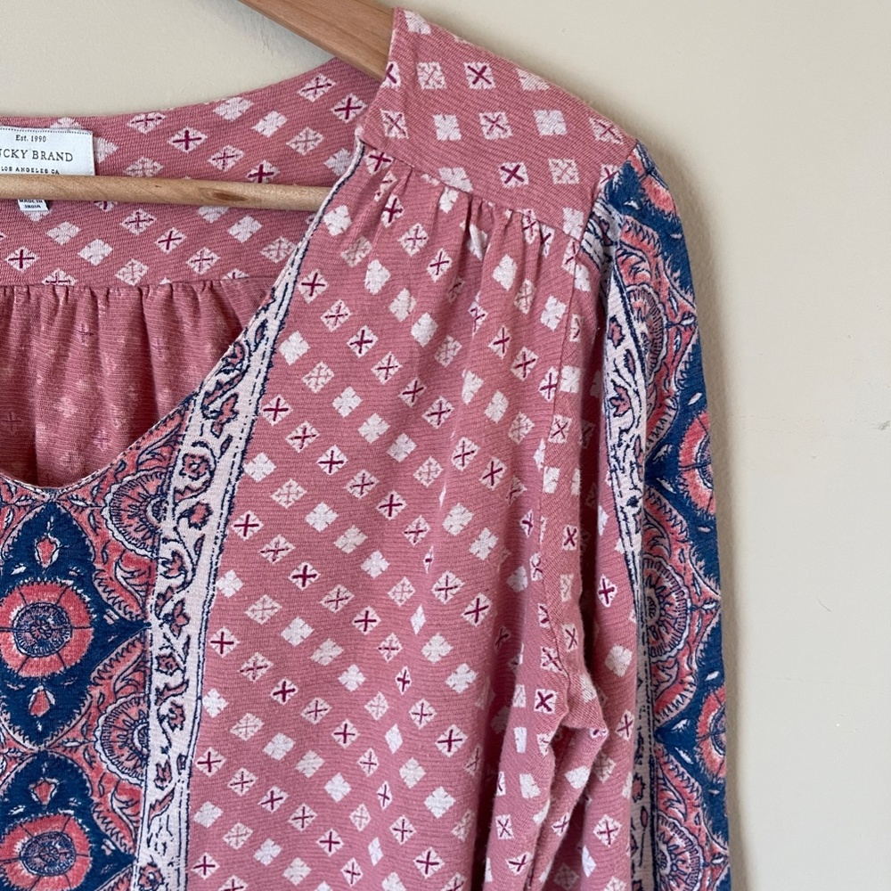 Lucky Brand dusty rose and blue peasant smock top, side medium - Picture 5 of 15